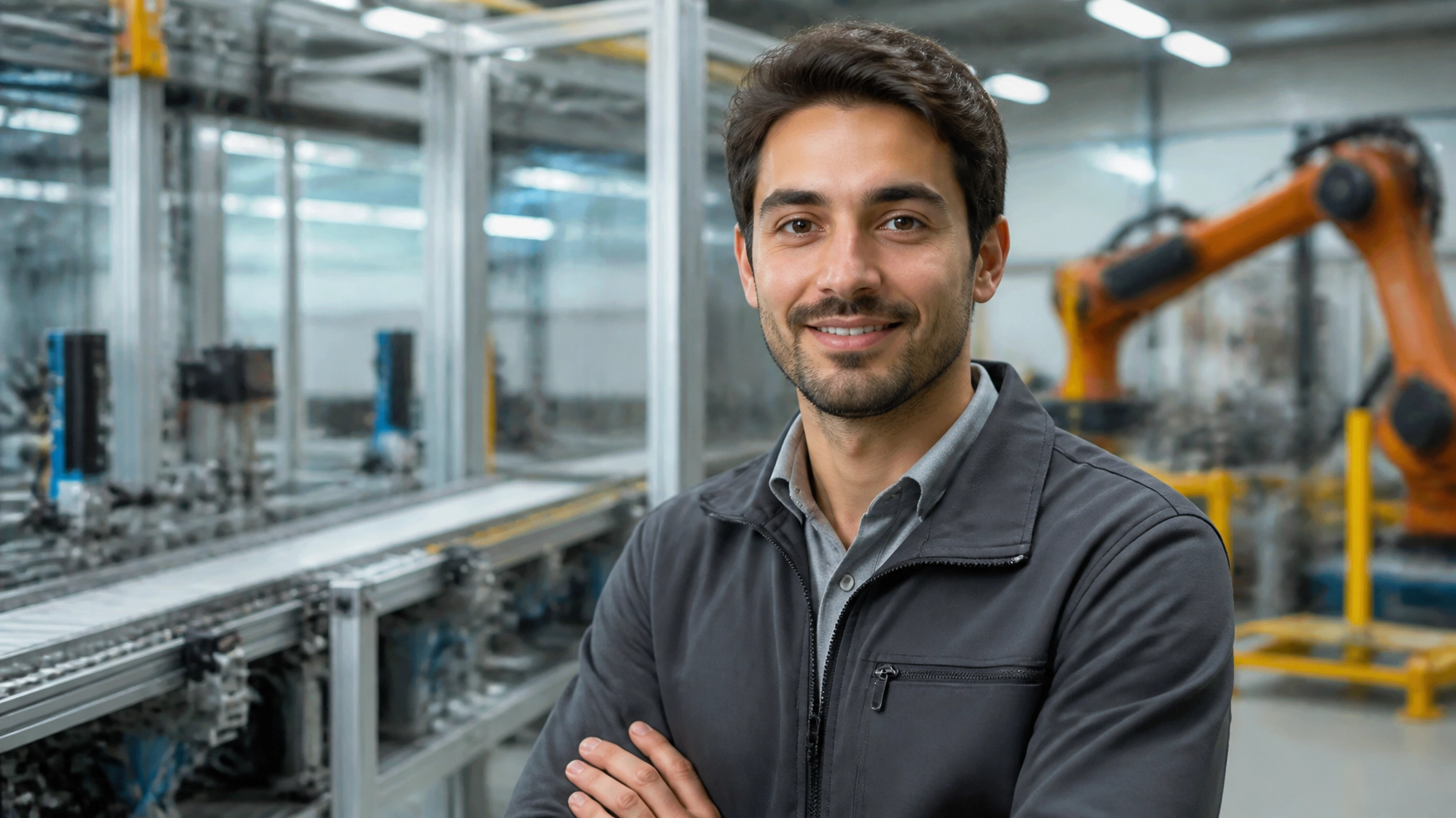 A high-resolution manufacturing and logistics professional in a clean industrial environment