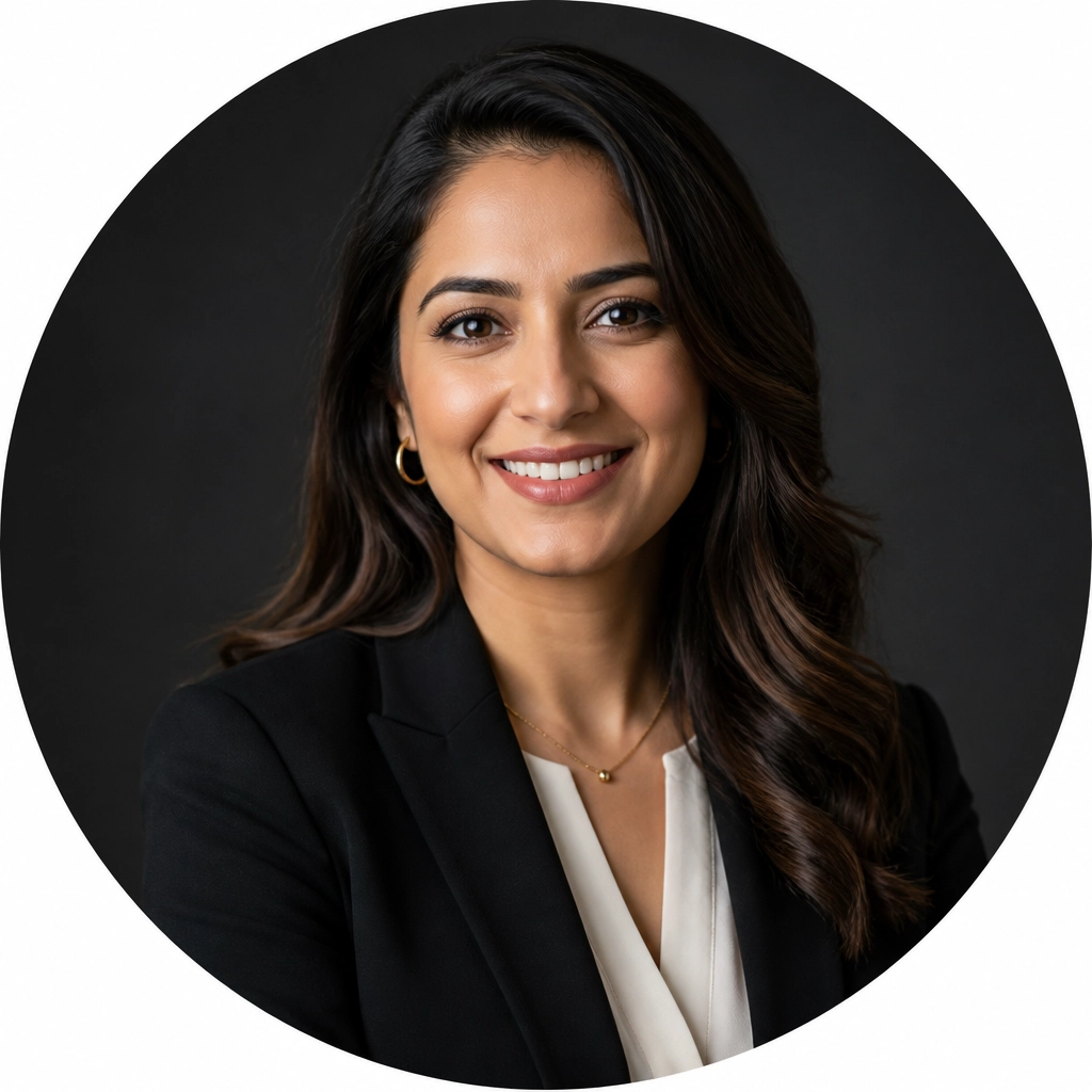 A professional and approachable portrait of a woman representing a consultant named Deora. She is wearing a smart blazer, has a warm smile, and exudes confidence. The image is a high-resolution professional headshot contained within a perfect circular mask.