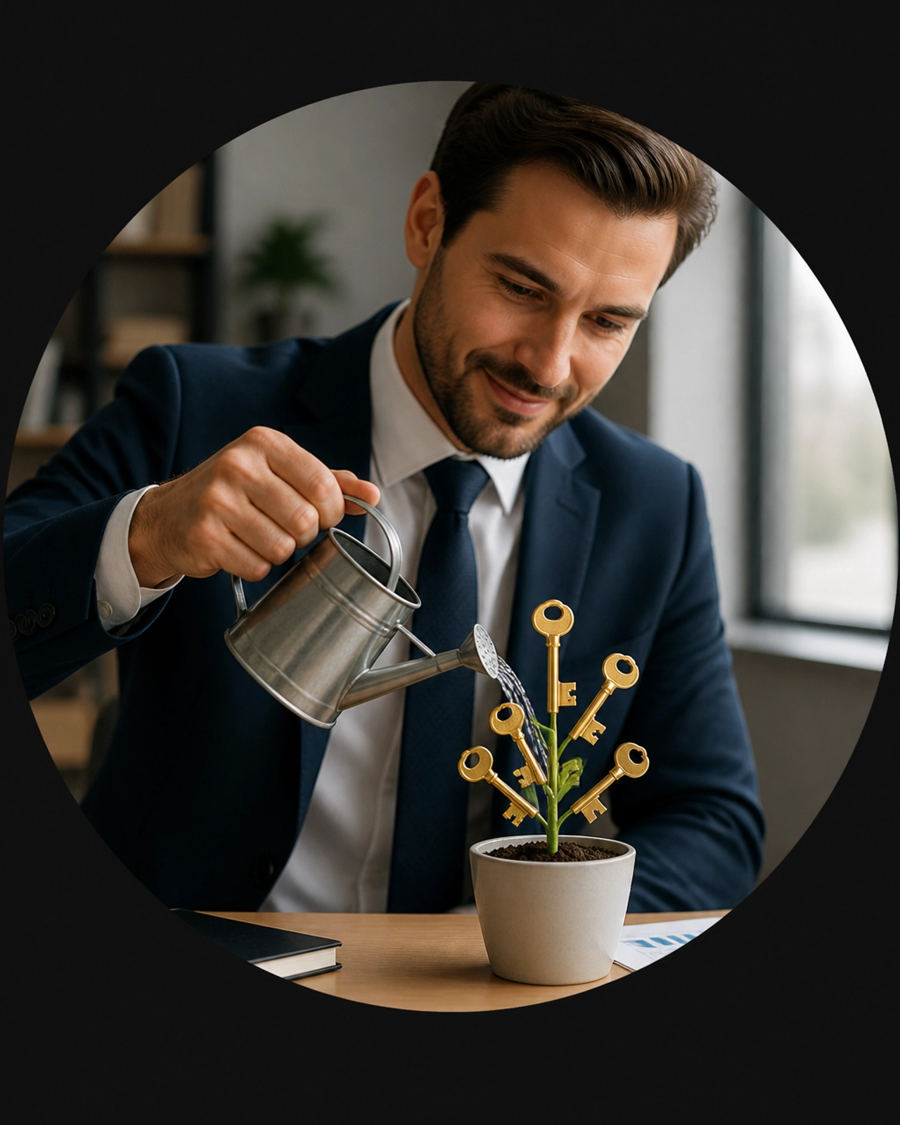 A professional man watering a plant that grows golden keys, representing growth and success