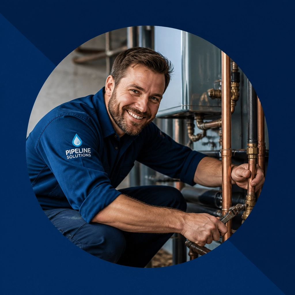 A professional plumber smiling and working on physical infrastructure, highlighting the resilience of trade work against AI.