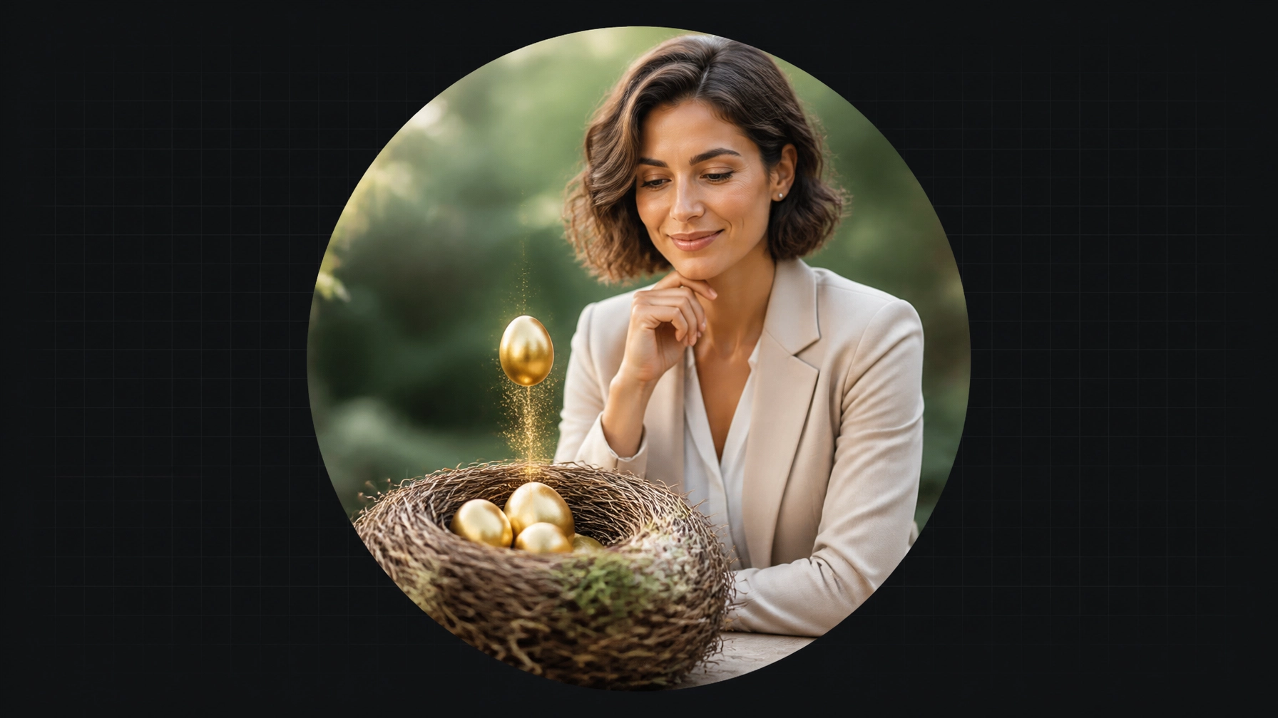 A confident professional woman beside an empty bird nest filling with golden eggs, shown in a high-quality AI-generated circular portrait against a dark minimalist background with faint grid patterns.