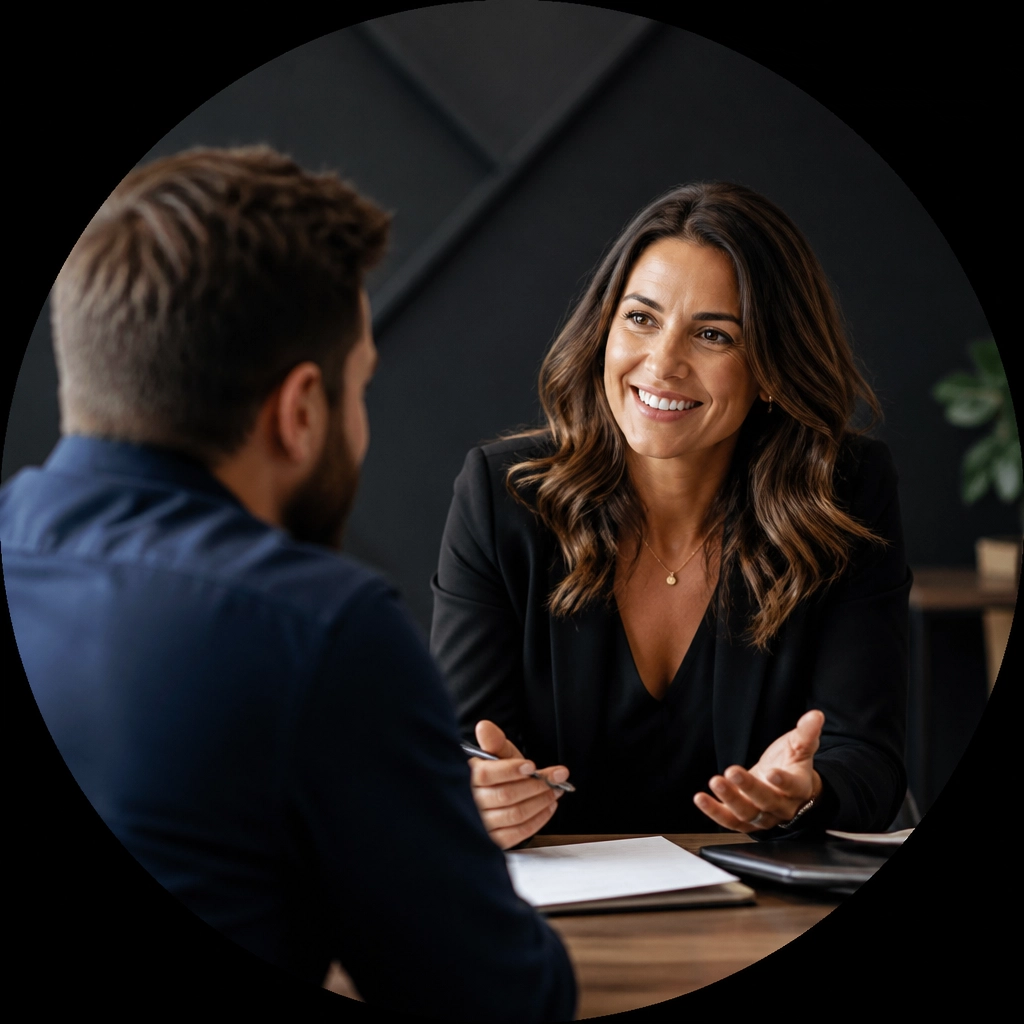 A professional consultation between a business owner and a client in a modern setting, contained within a circular mask.