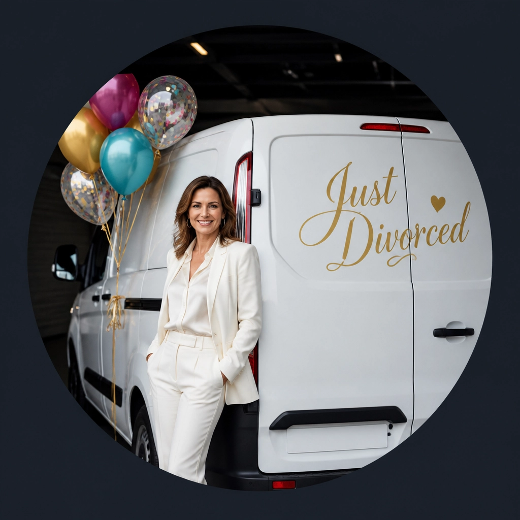 A woman standing by a service van with a Just Divorced sign and balloons, representing the joy of reclaiming independence through business ownership