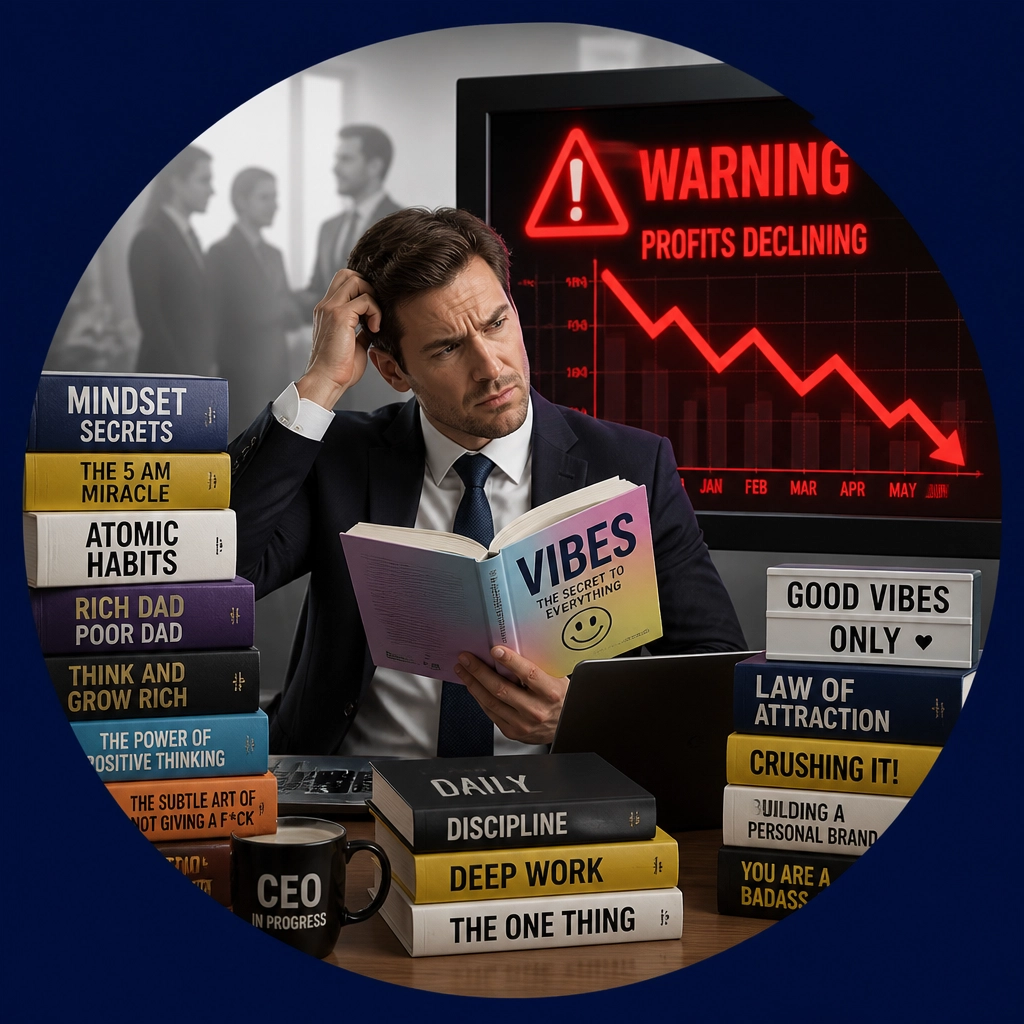 Business owner overwhelmed by mindset books while ignoring financial warnings