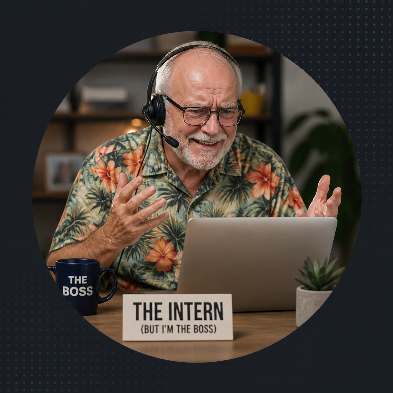 A retired man in a tropical shirt wearing a professional headset, symbolizing the blend of leisure and new business leadership, set in a circular mask.