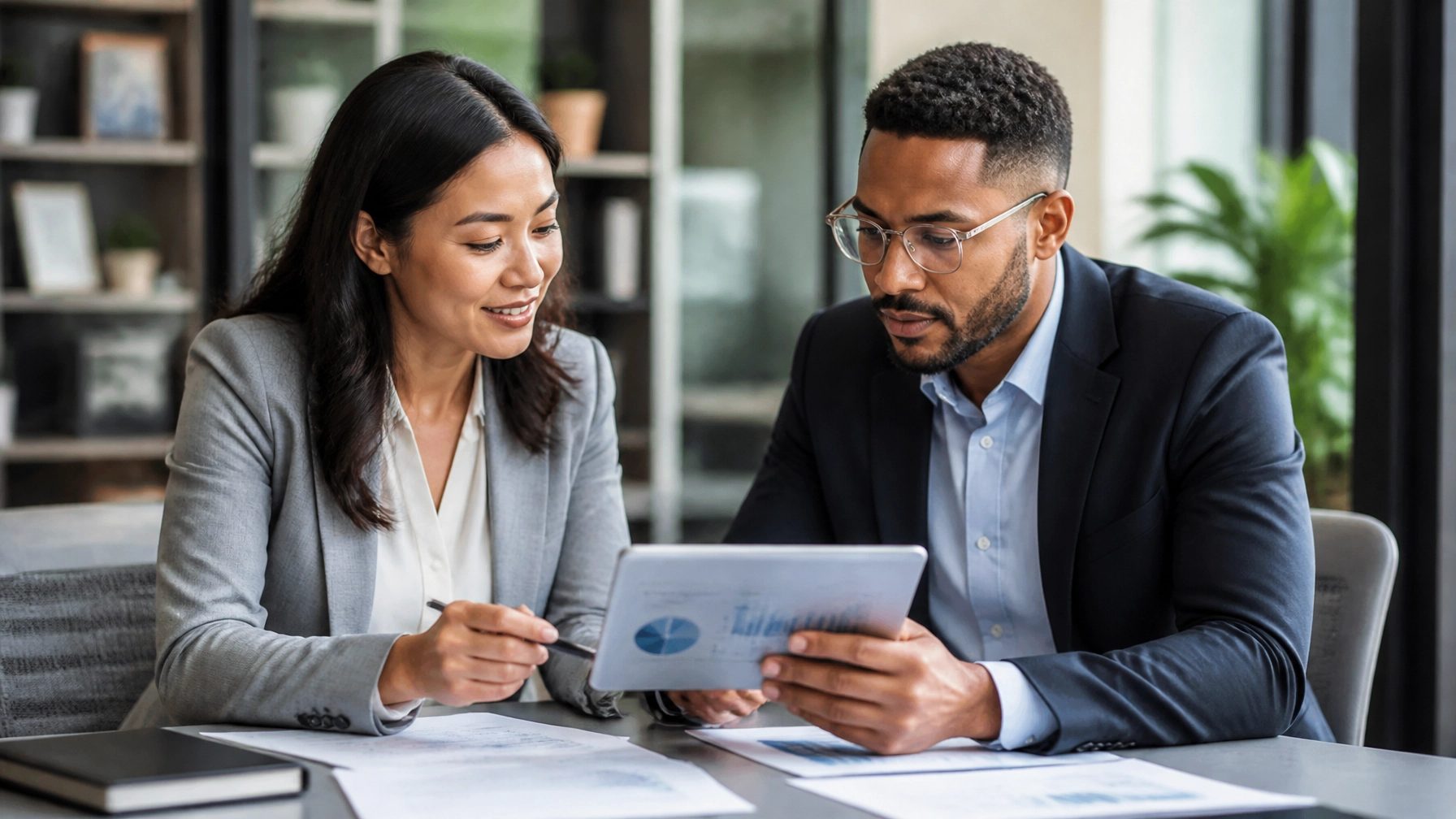 Two professionals reviewing business charts on a tablet during a franchise consultation in a clean, modern office.
