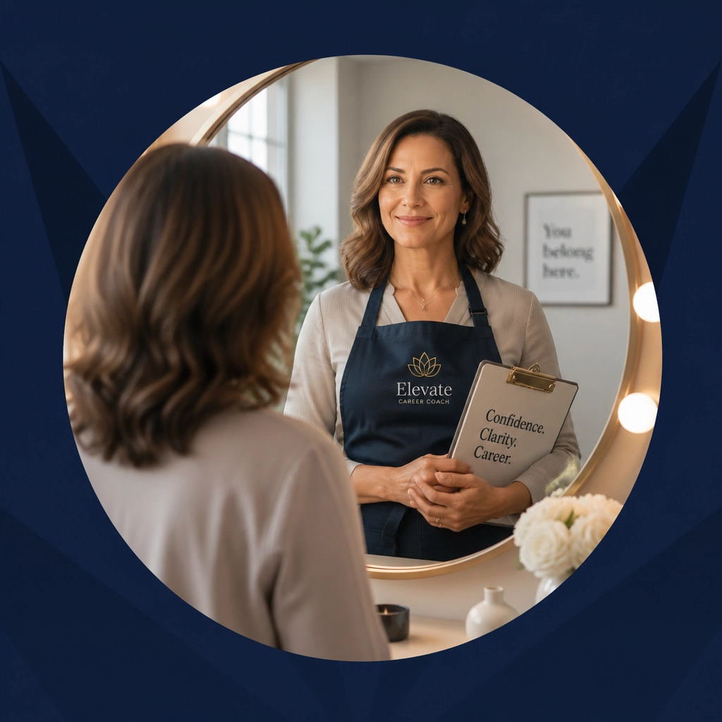 A woman seeing her successful future self in the mirror