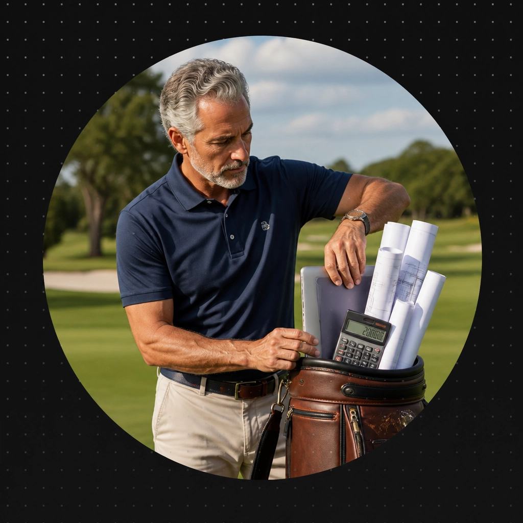 An older man on a golf course with a bag full of blueprints and a laptop, representing the shift from idle retirement to an active encore career