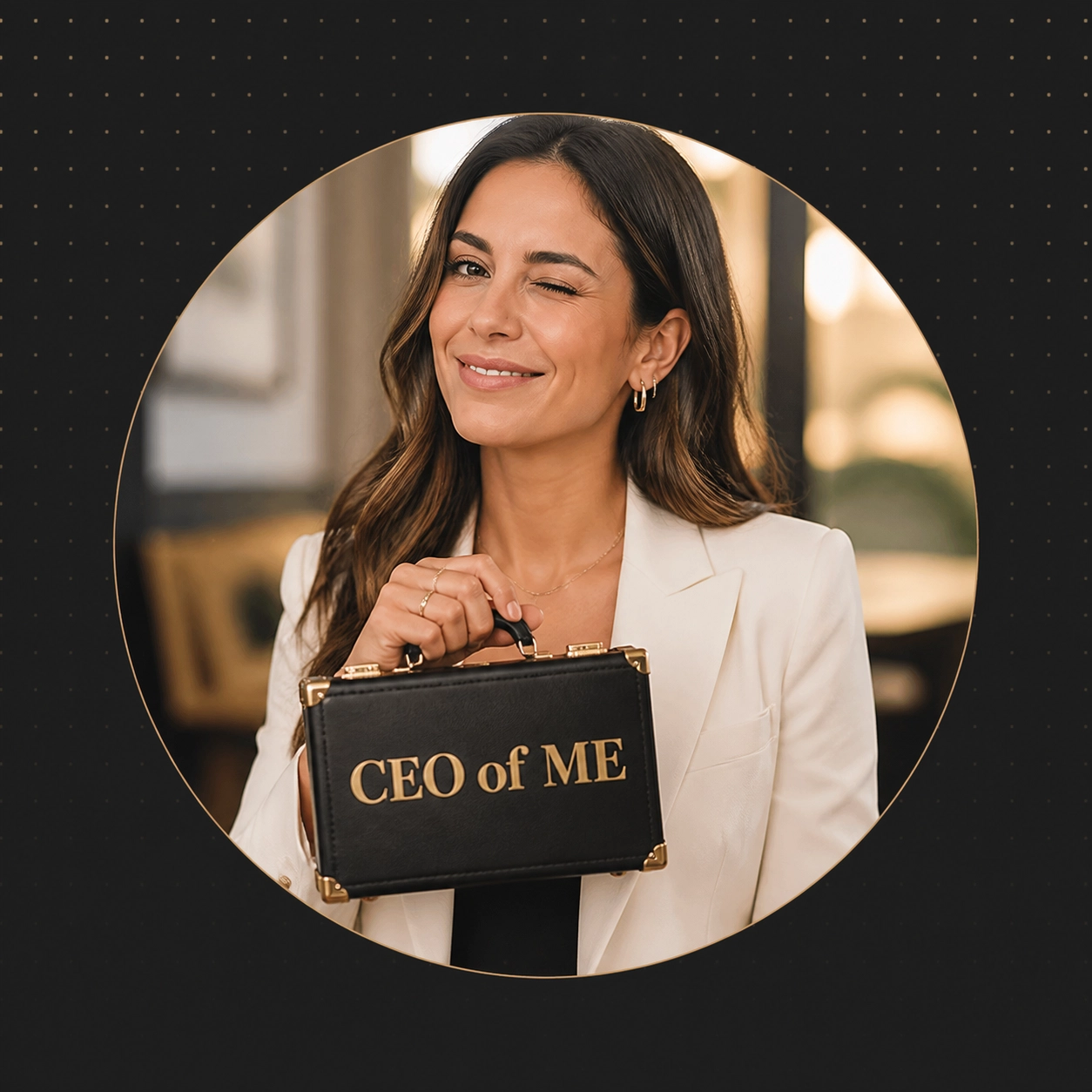 A professional woman winking and holding a briefcase that says 'CEO of ME', symbolizing independent empowerment, set in a circular mask on a dark background.