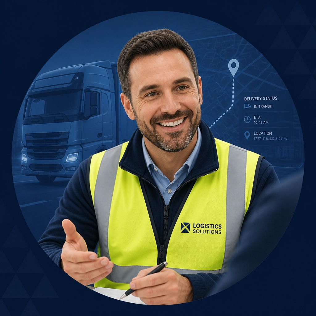 A professional male in logistics attire framed in a circular mask, representing the transition from driver to business owner.