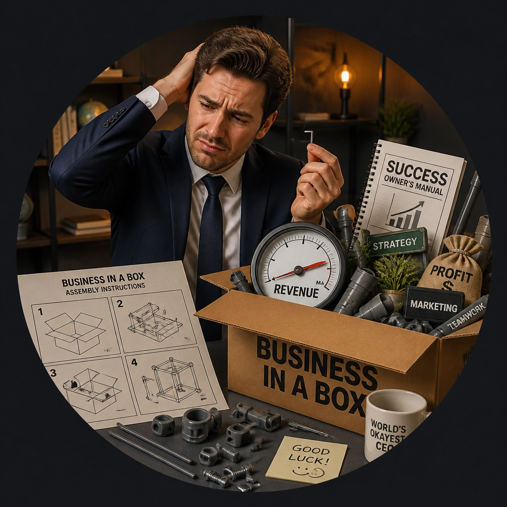 A man in a suit looking confused while trying to assemble a giant 'Business in a Box' kit with a tiny wrench.