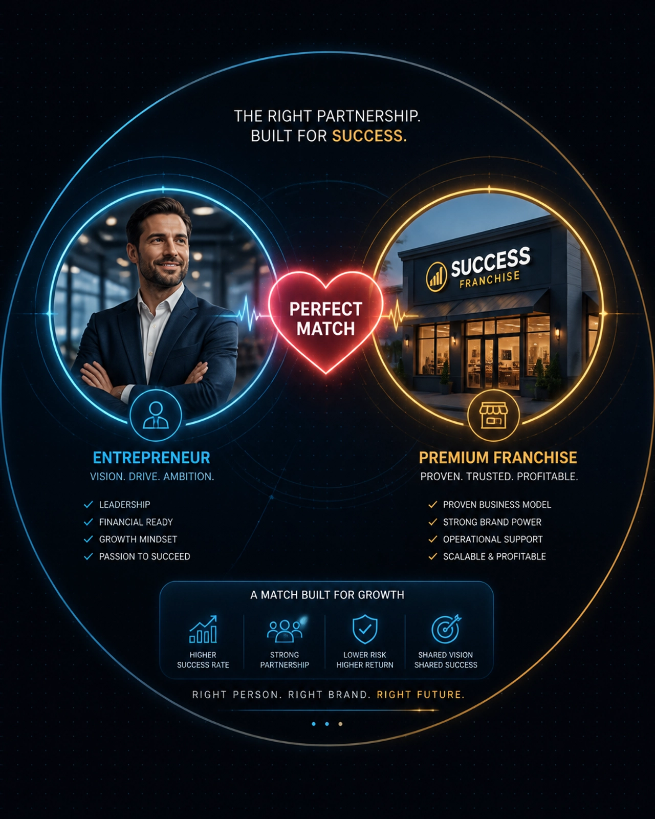 A matchmaking interface showing a 'Perfect Match' between an entrepreneur and a franchise brand