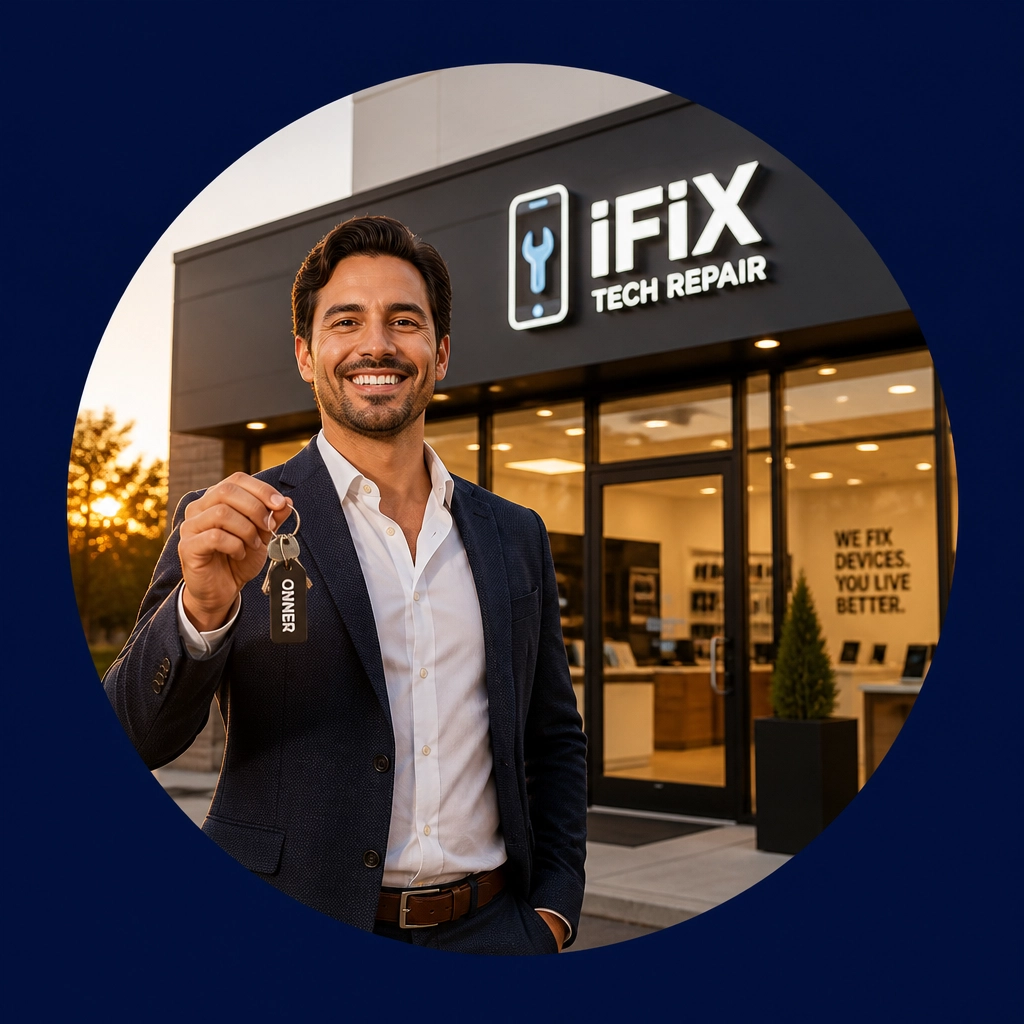 A successful franchise owner standing in front of his new business, representing the triumph of ownership over displacement