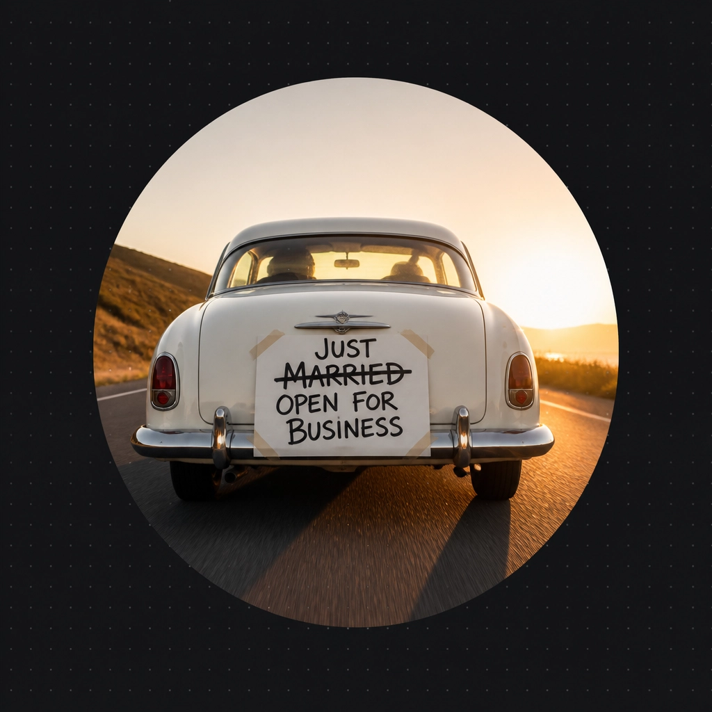A car with a 'Just Started My Business' sign, symbolizing a new beginning after divorce