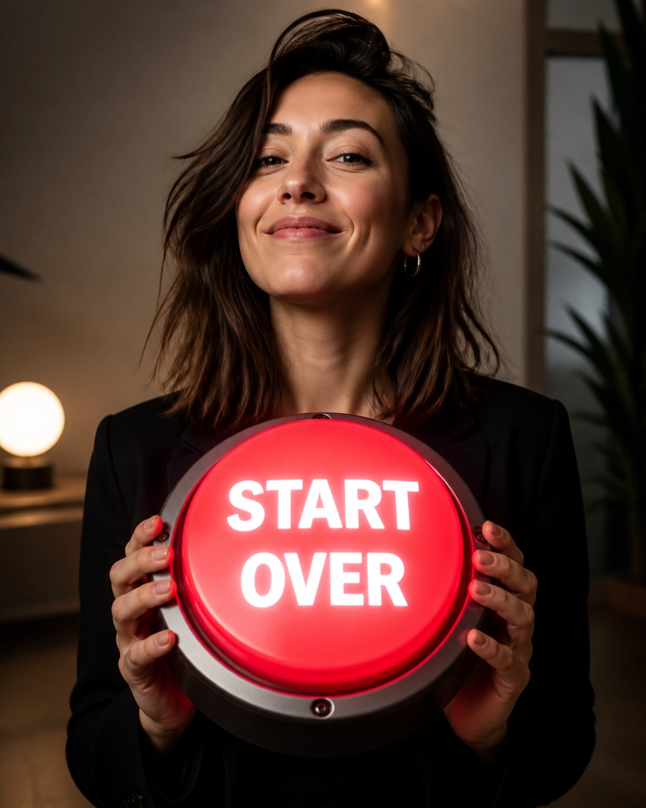 A person holding a giant START OVER button with a mischievous grin