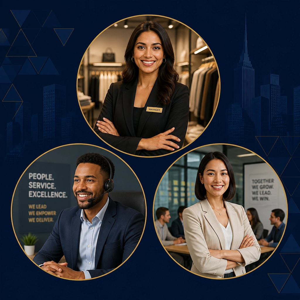 A collage featuring professionals in retail, customer service, and team leadership, all framed in circular masks against a deep navy background.