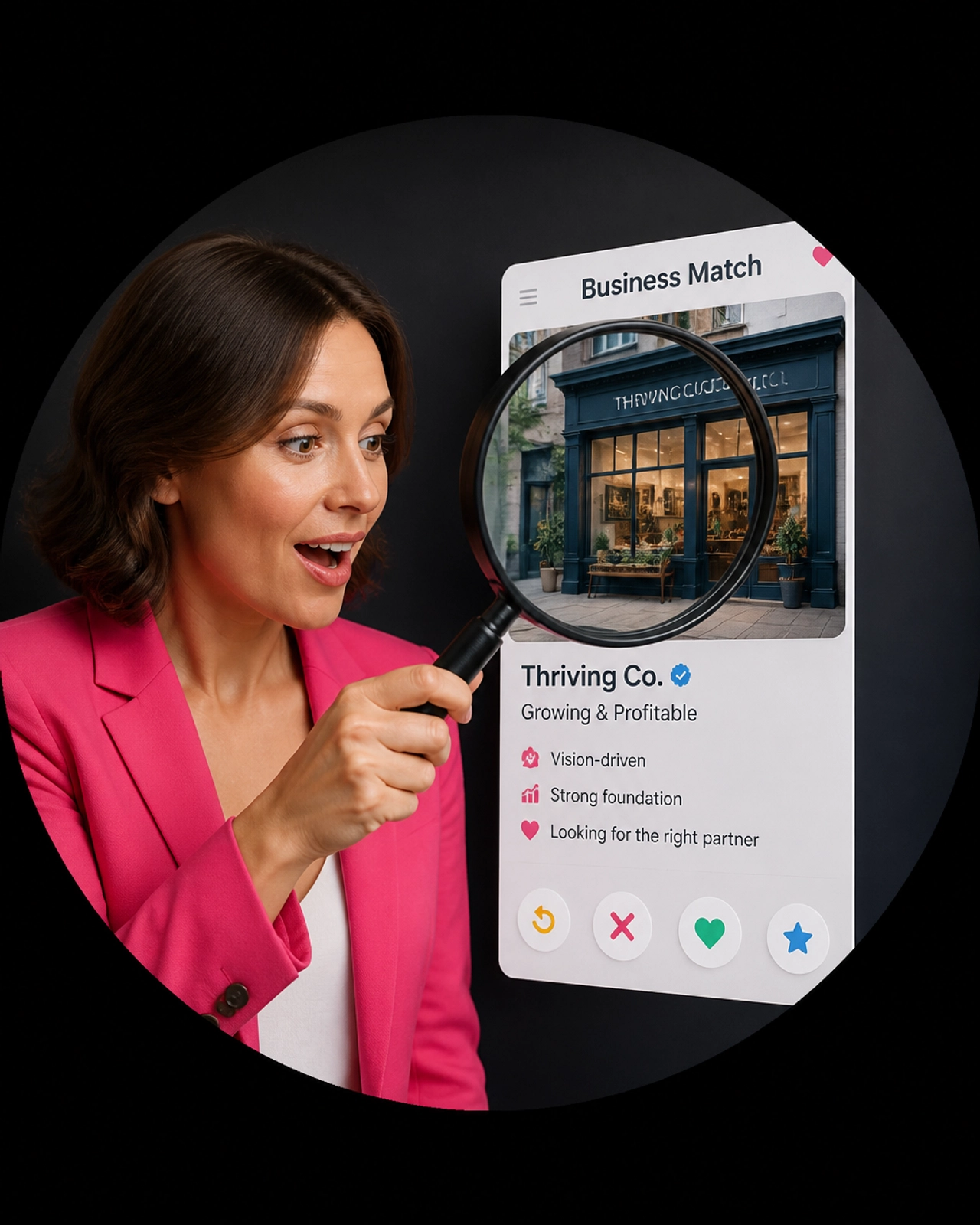A professional woman happily discovering her 'Business Match' through a giant magnifying glass.