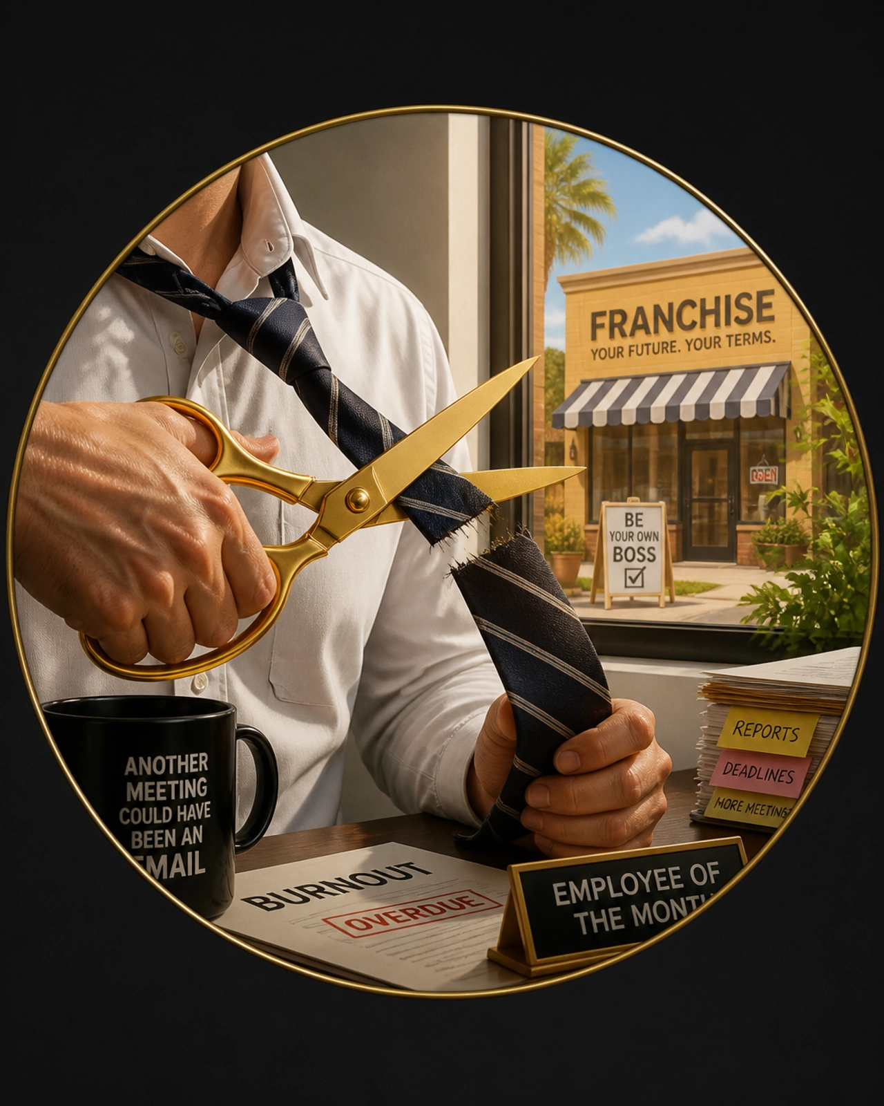 Hands cutting a corporate tie with scissors in front of a new business.