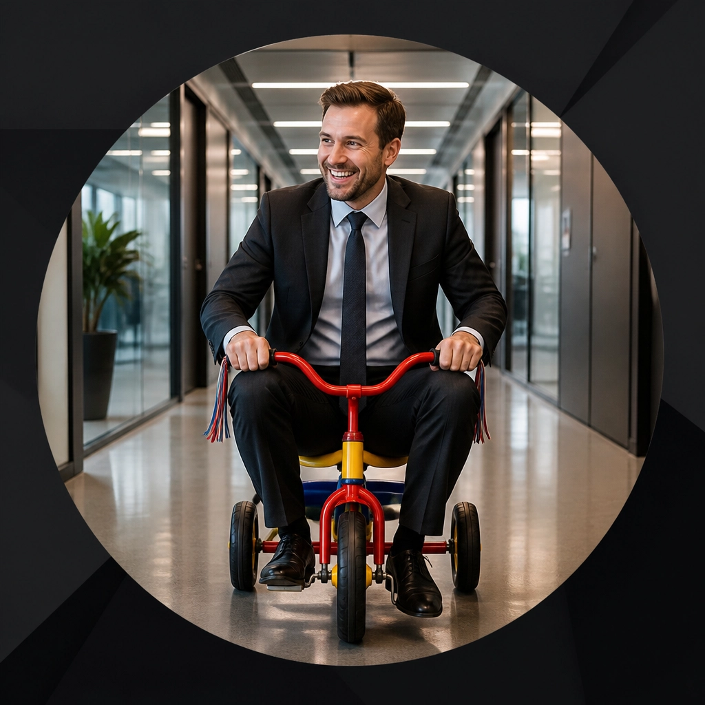 A professional man confidently riding a tricycle through a modern office, representing the joy of a fresh start in business.