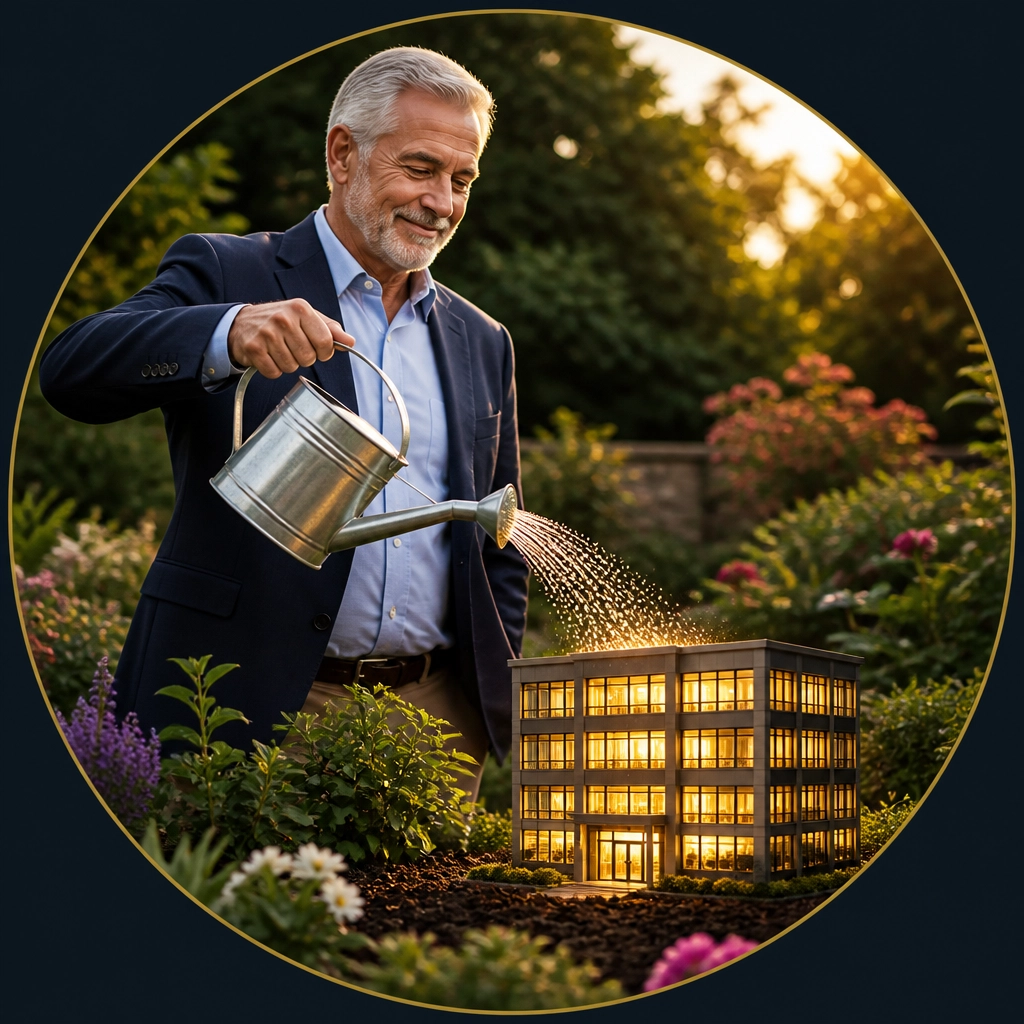 An older professional man in a garden watering a small glowing office building, symbolizing the growth of a new business in retirement.