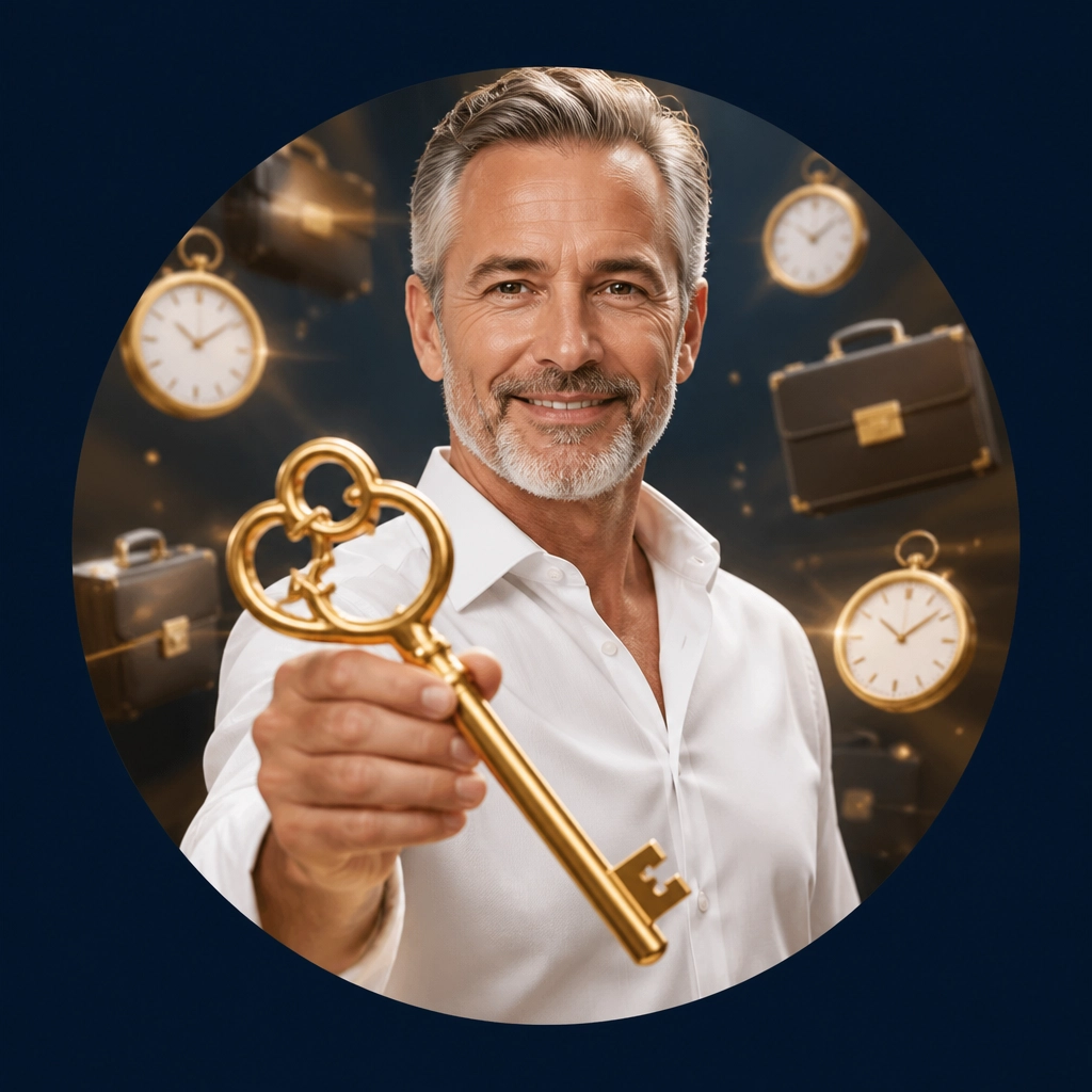 A professional man holding a golden key, representing the success and control found in franchise ownership.