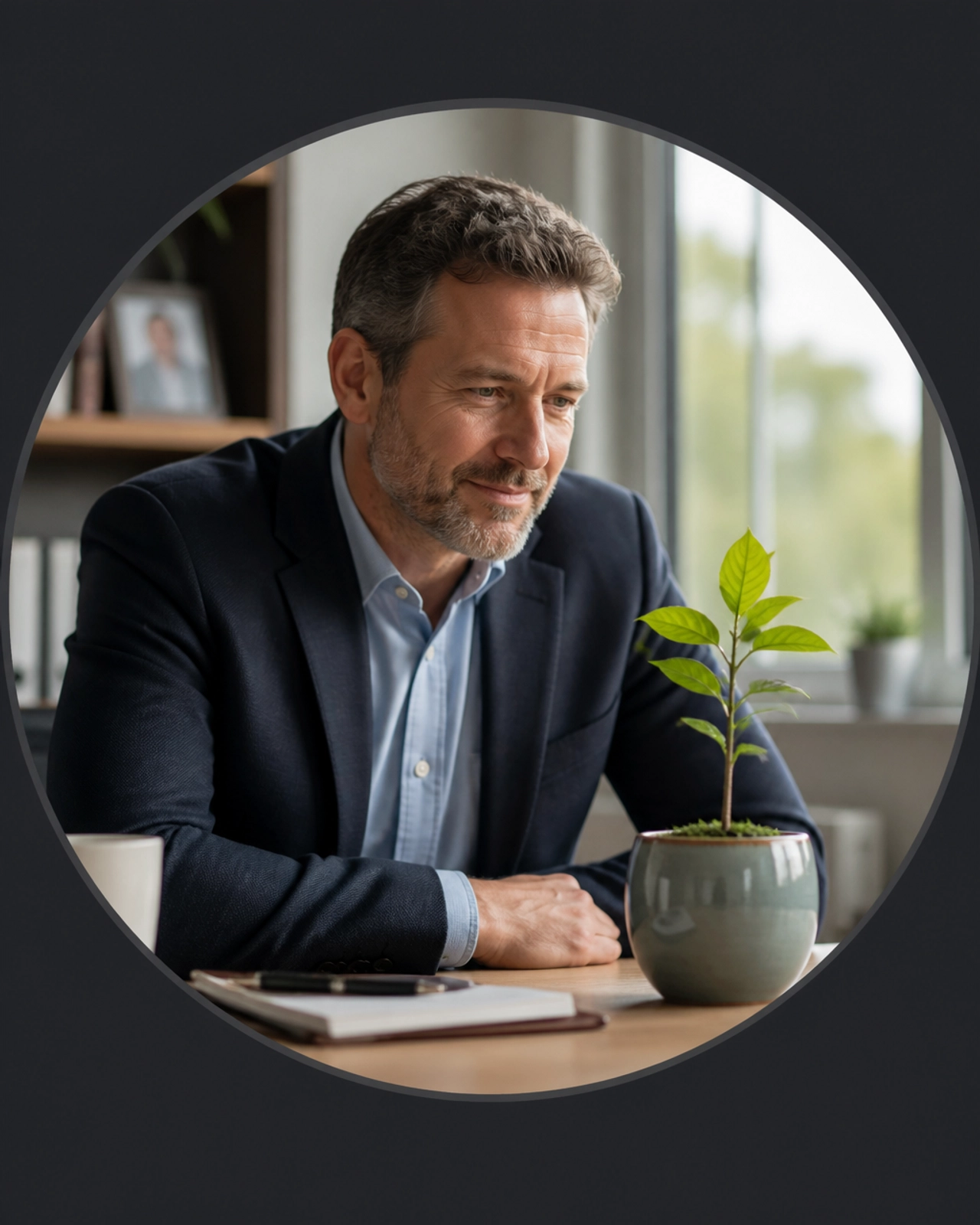 A professional man looking at a new sapling on his desk, symbolizing growth.