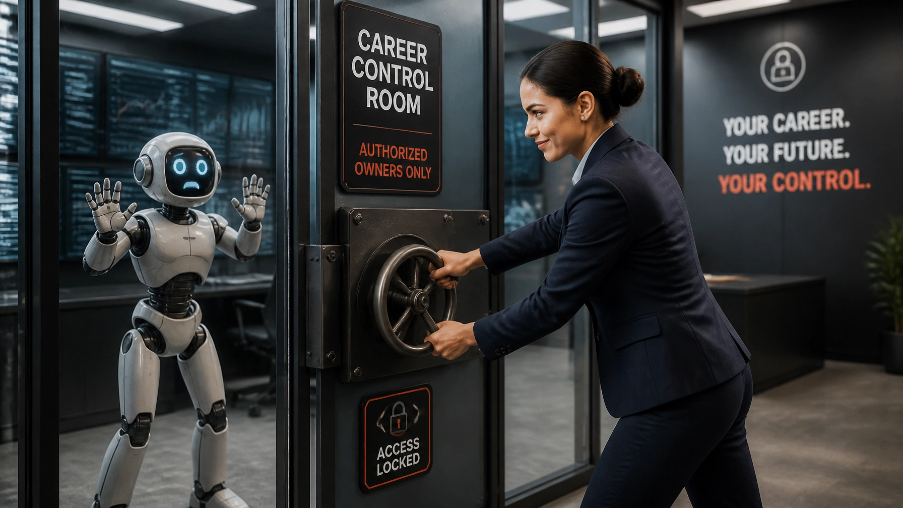 A professional locking a robot out of a control room to symbolize taking back control from AI
