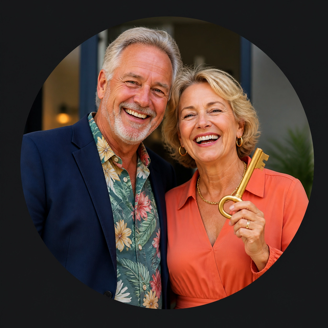 A vibrant older couple laughing and holding a golden key, representing a successful un-retirement through franchising.