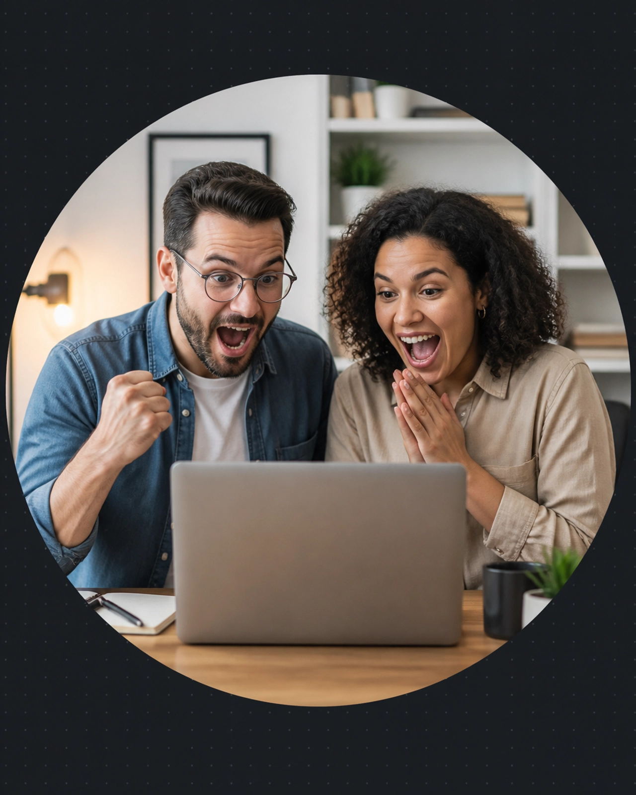 A diverse couple looking at a laptop with expressions of shock and joy as they discover their ideal franchise opportunity, framed in a circular mask.