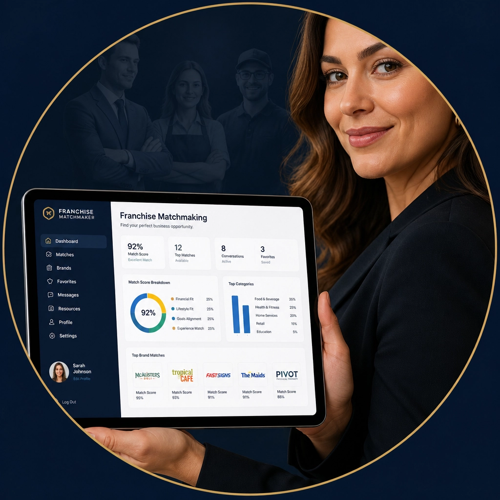 Professional woman using a data-driven franchise matchmaking dashboard