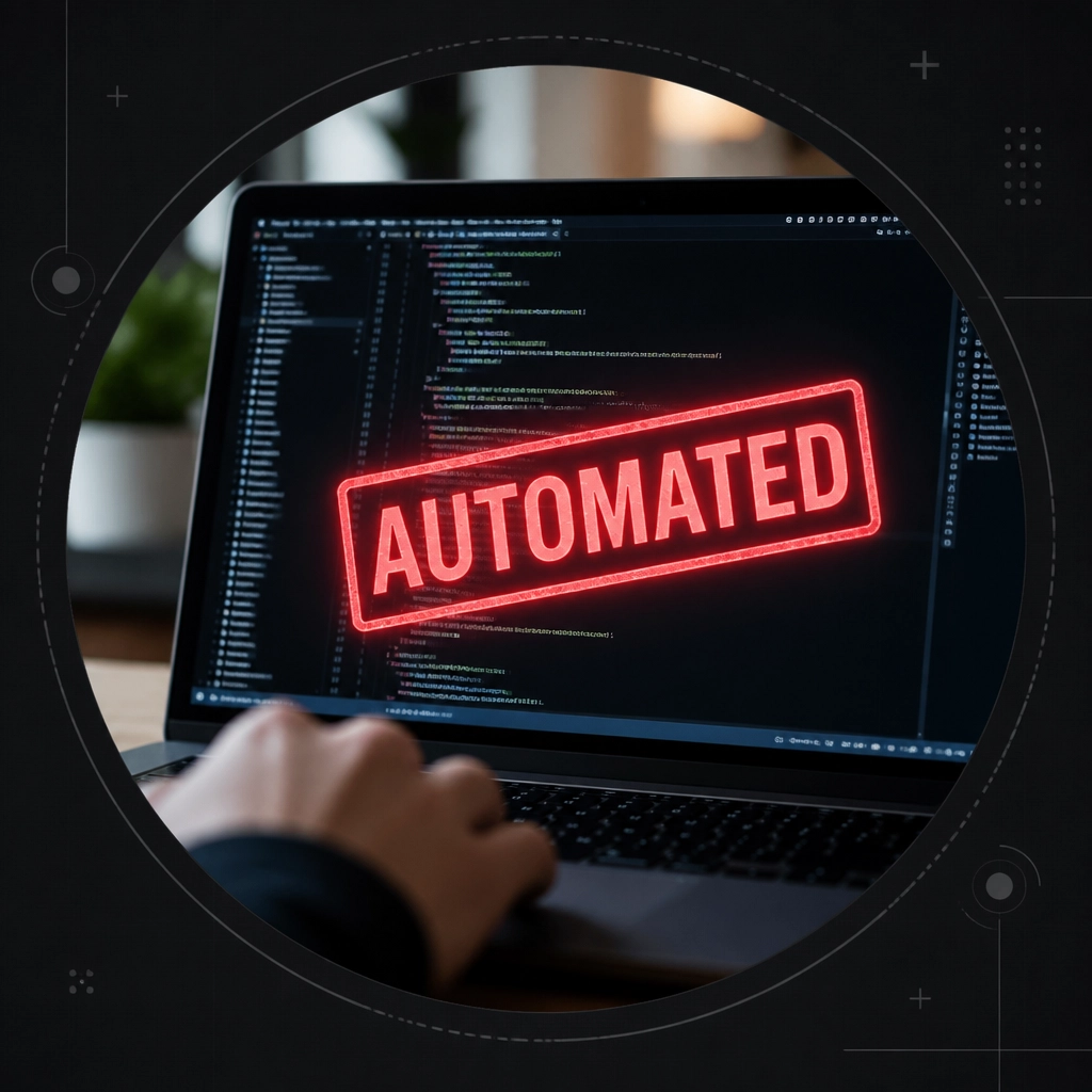 A coding screen with a red 'AUTOMATED' stamp, framed in a circular mask