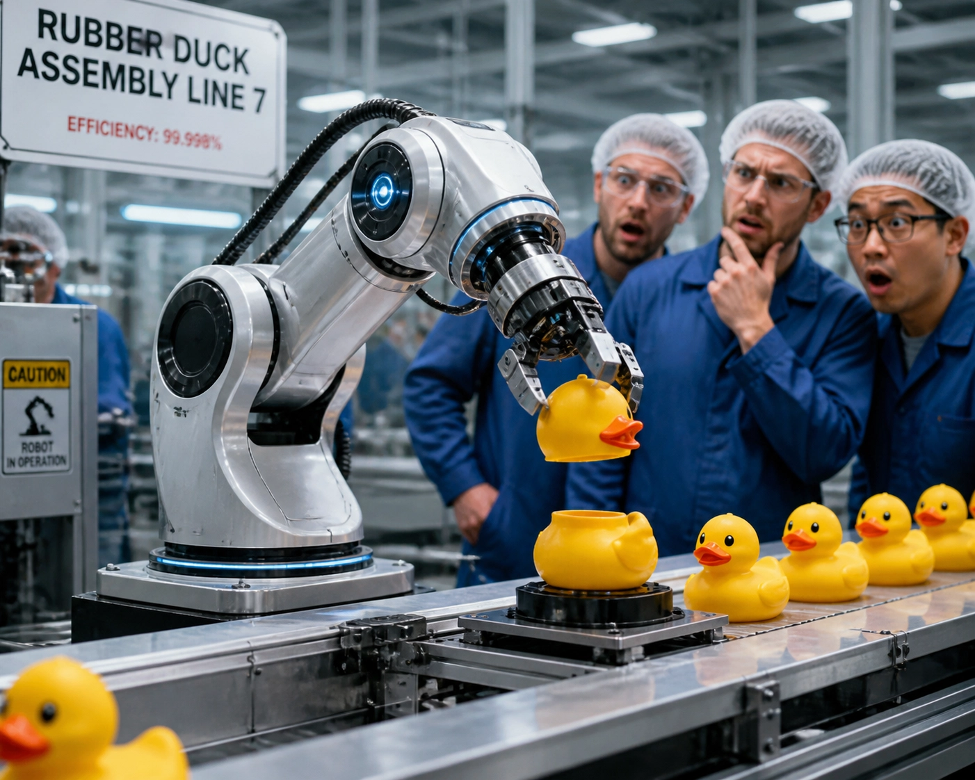 A futuristic robotic arm assembling a rubber duck on an automated factory line while bewildered human workers watch