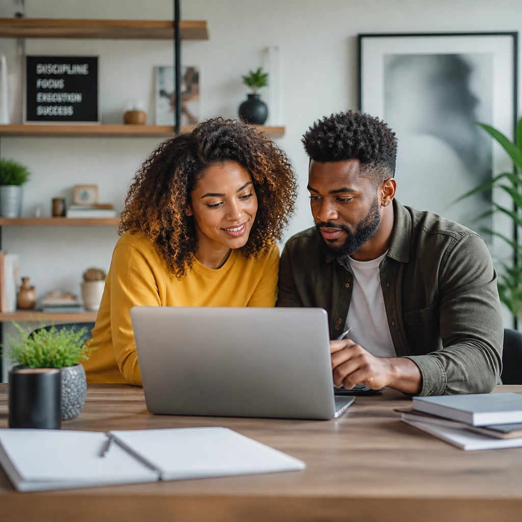 A diverse couple researching franchise business opportunities together on a laptop in a polished home office.