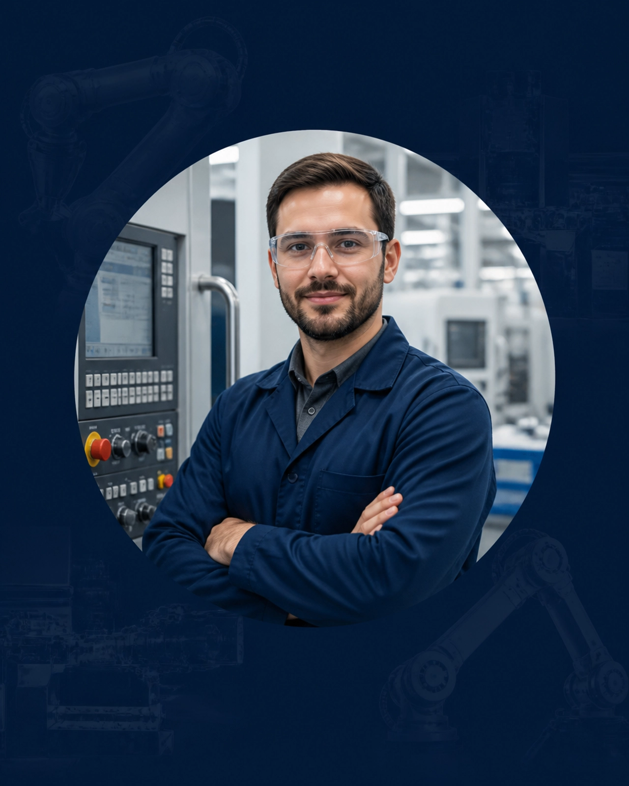 A manufacturing technician in a circular mask representing human skill in automation