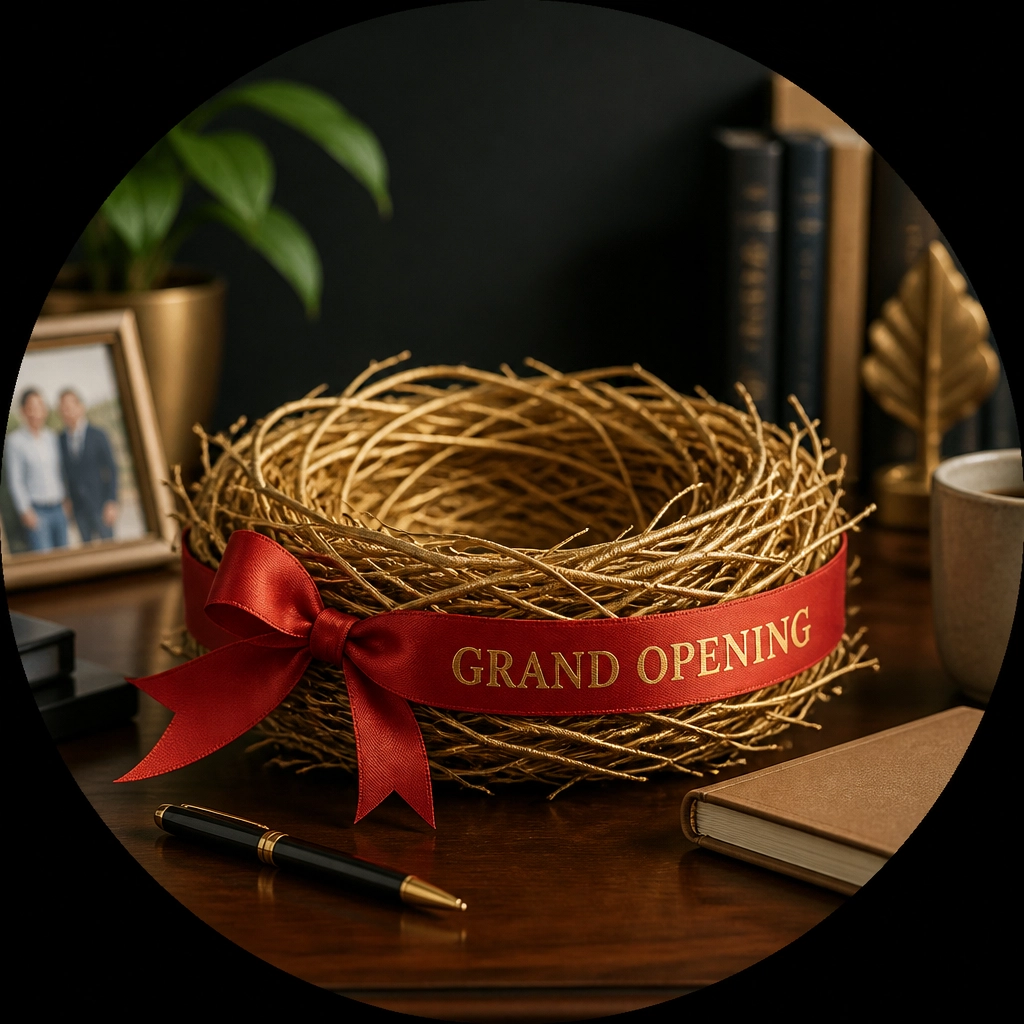 A bird's nest on a professional desk with a 