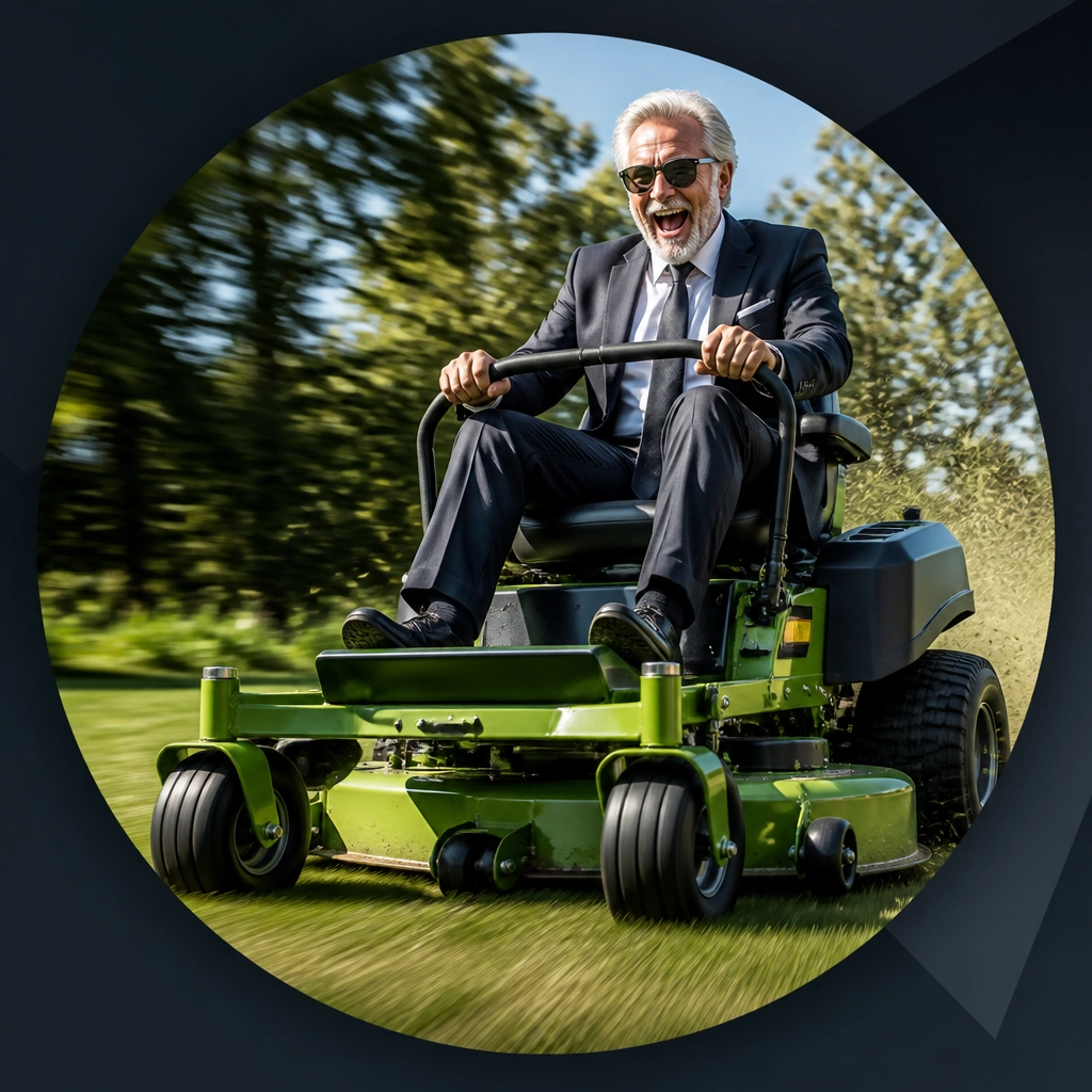 A retiree exhilarated on a racing lawnmower, a humorous take on beating retirement boredom through active business involvement.
