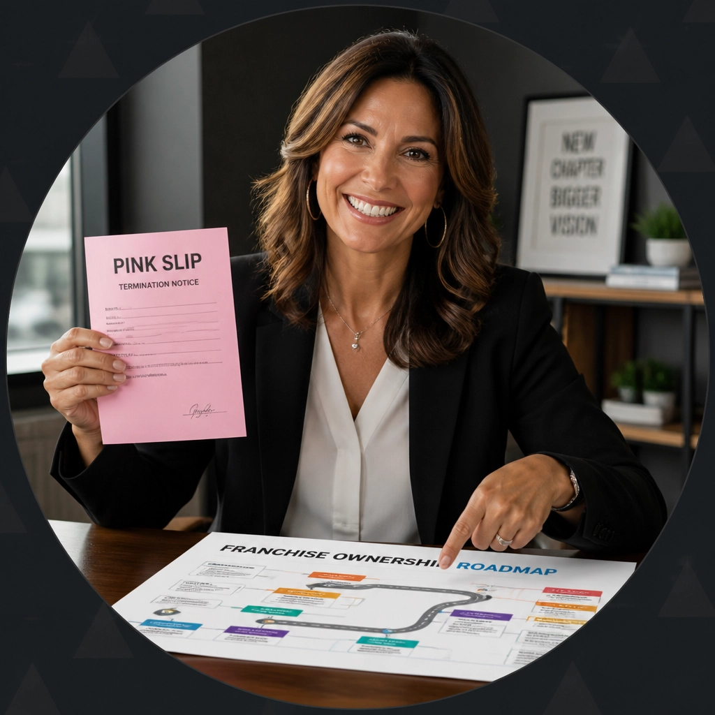 A professional woman smiling triumphantly while holding a termination notice and pointing to a franchise roadmap.