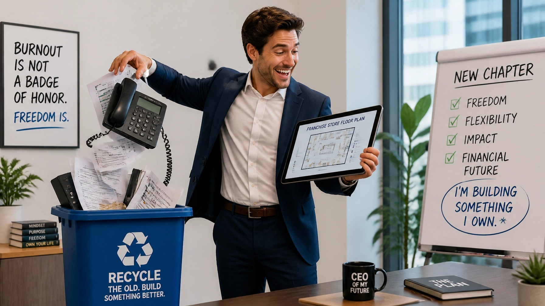 A professional happily tossing an old telephone into a recycling bin while holding a franchise floor plan tablet