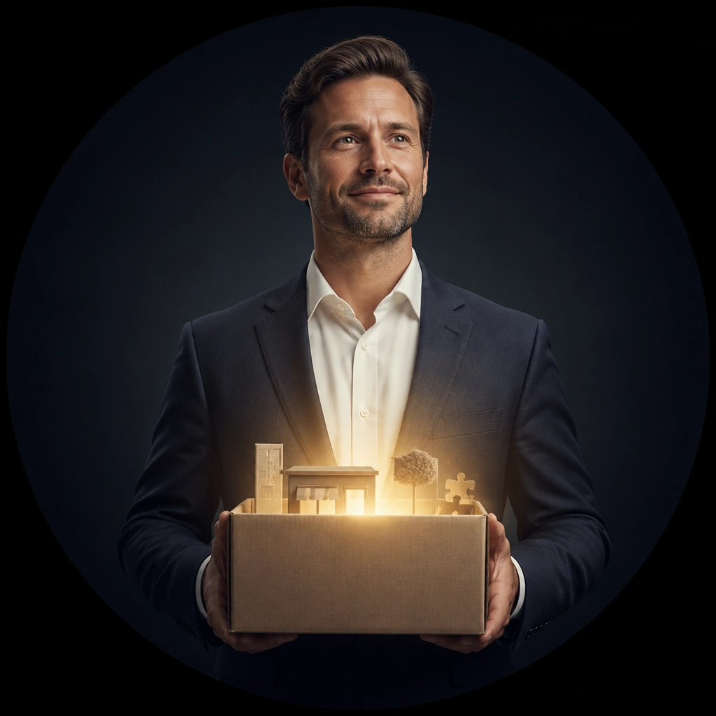A professional holding a glowing business-in-a-box, symbolizing the structure and clarity of a franchise model.