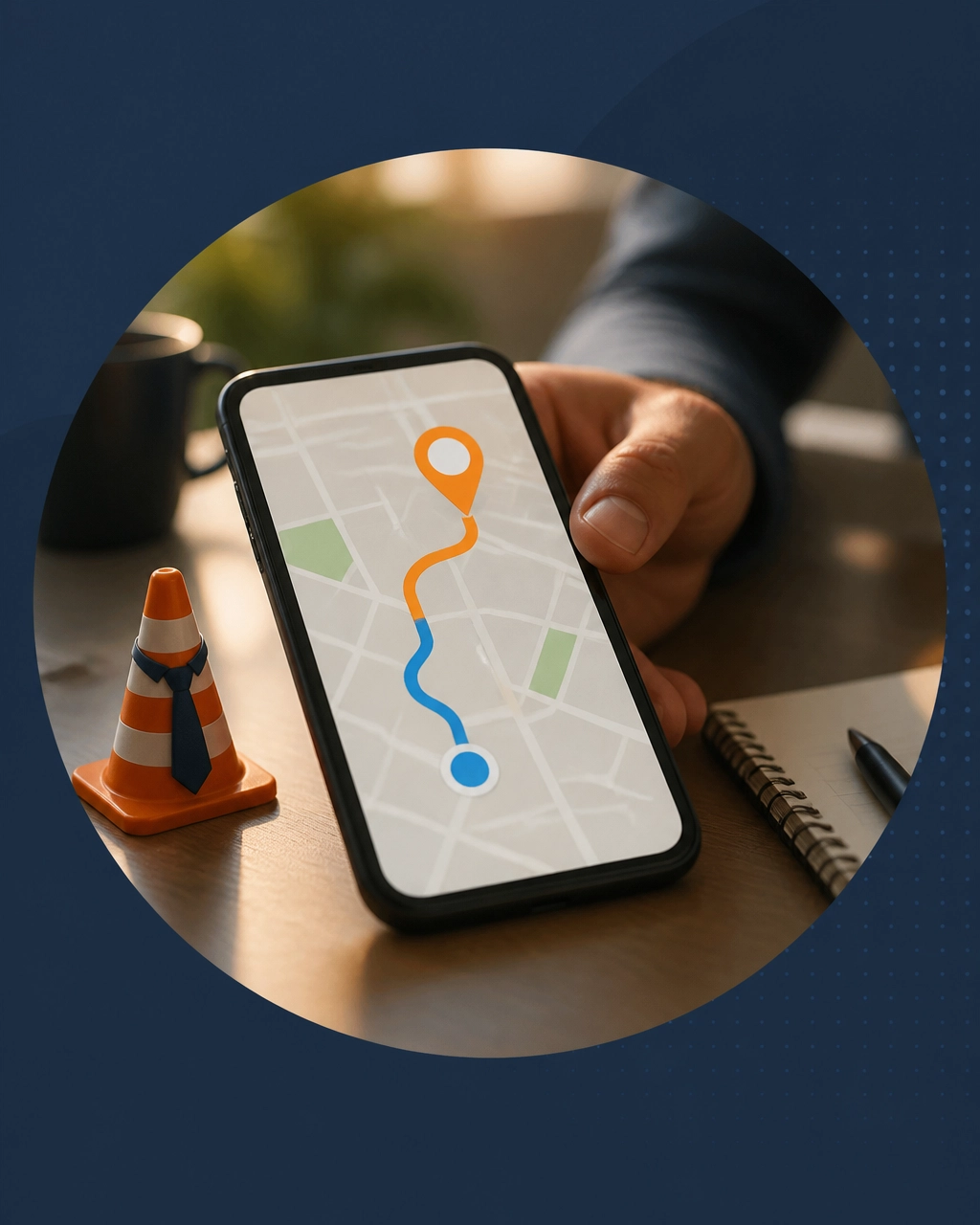 A smartphone GPS reroutes toward a new destination while a tiny traffic cone wears a business tie