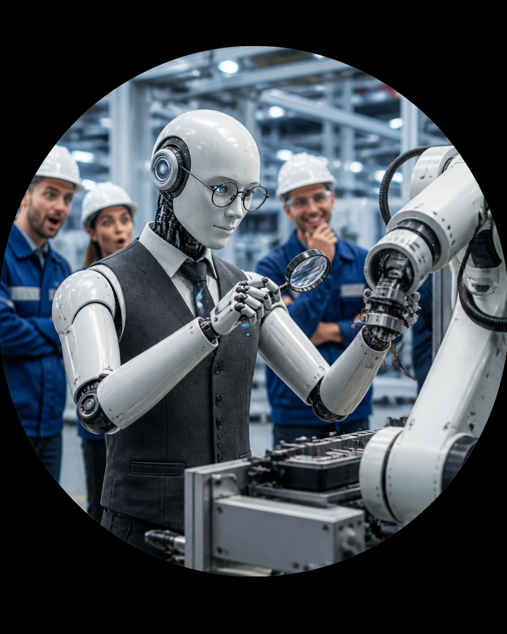 Friendly humanoid robot inspecting automated factory equipment while workers watch in shock