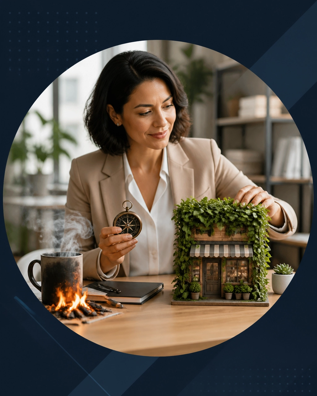 A professional replaces an overflowing smoking coffee mug with a healthy plant shaped like a storefront while holding a compass