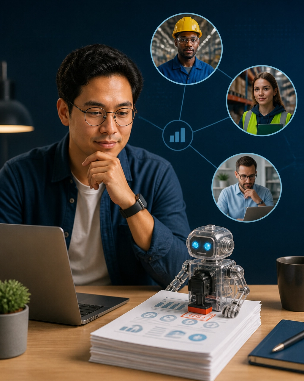 A coder analyzes measured AI exposure while a small robot stamps routine workplace paperwork