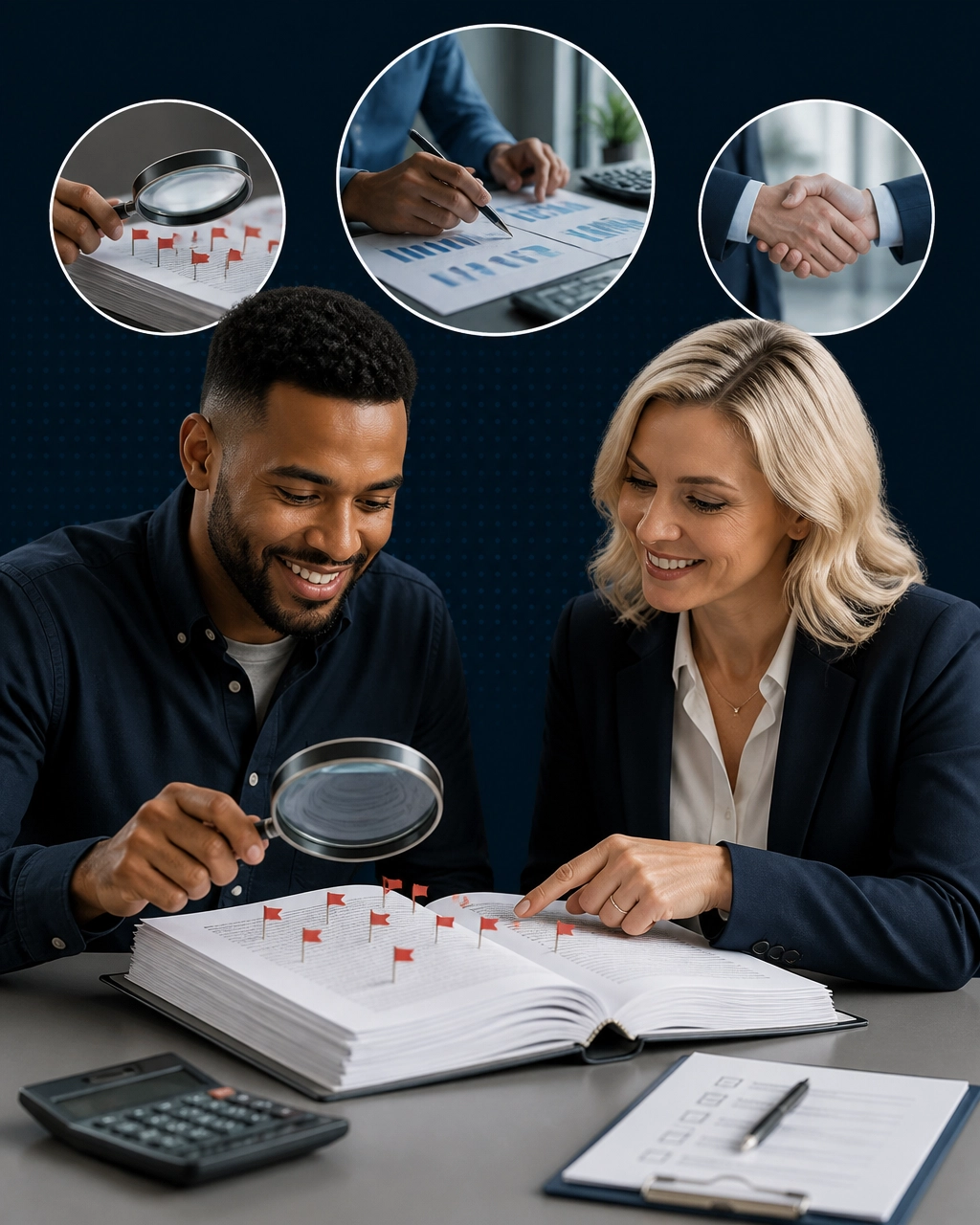 A prospective franchise owner and advisor examine a franchise disclosure document with a magnifying glass, budget papers, and red flags