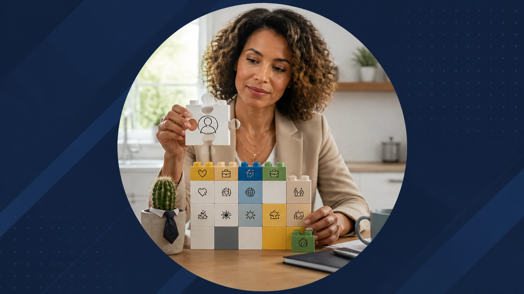 A confident woman assembles a balanced business-and-life calendar like a building structure, with a tiny cactus wearing a tie as a resilience metaphor