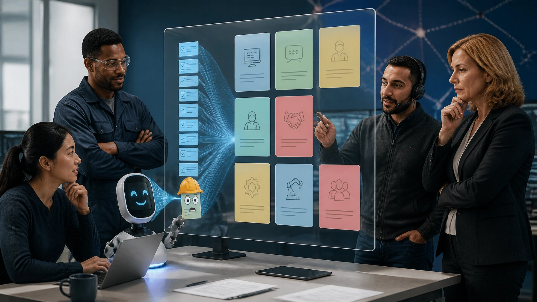 Professionals examining how AI compresses repetitive tasks while human judgment and leadership remain central