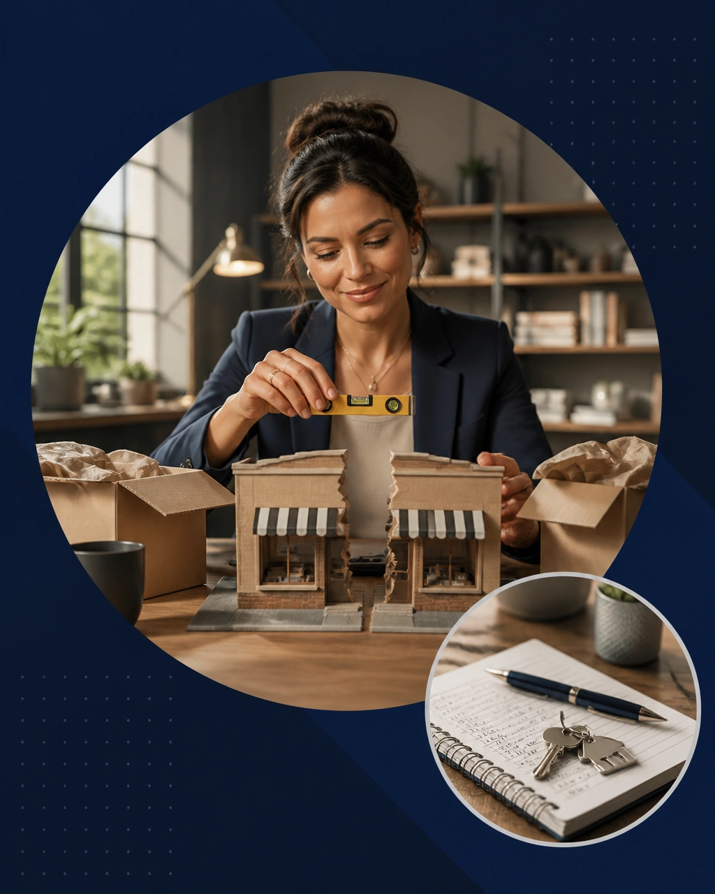 A professional entrepreneur rebuilds a miniature storefront from two separate halves, symbolizing independence and practical rebuilding after divorce
