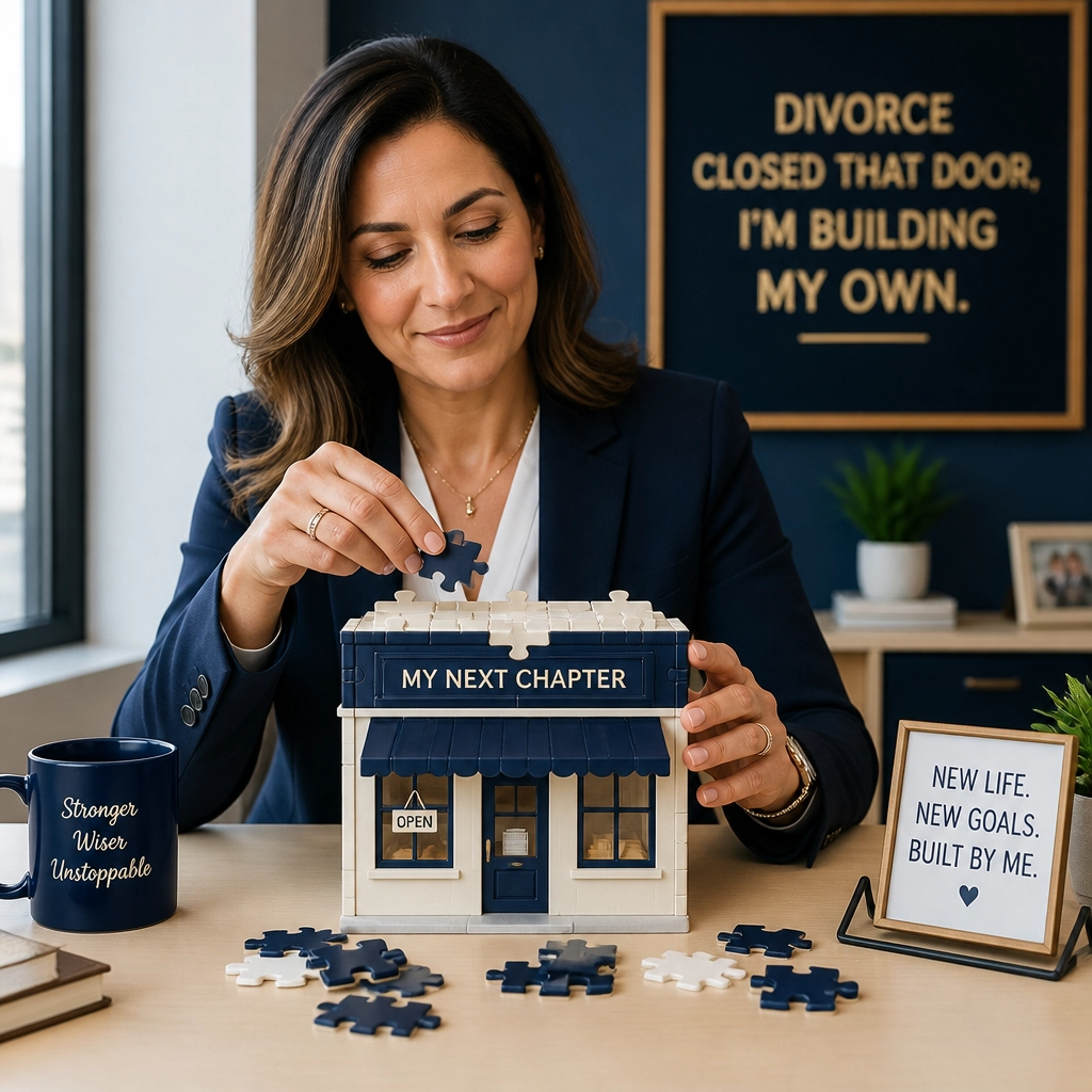 A professional woman assembles a miniature storefront from oversized puzzle pieces, humorously symbolizing rebuilding independence one practical step at a time