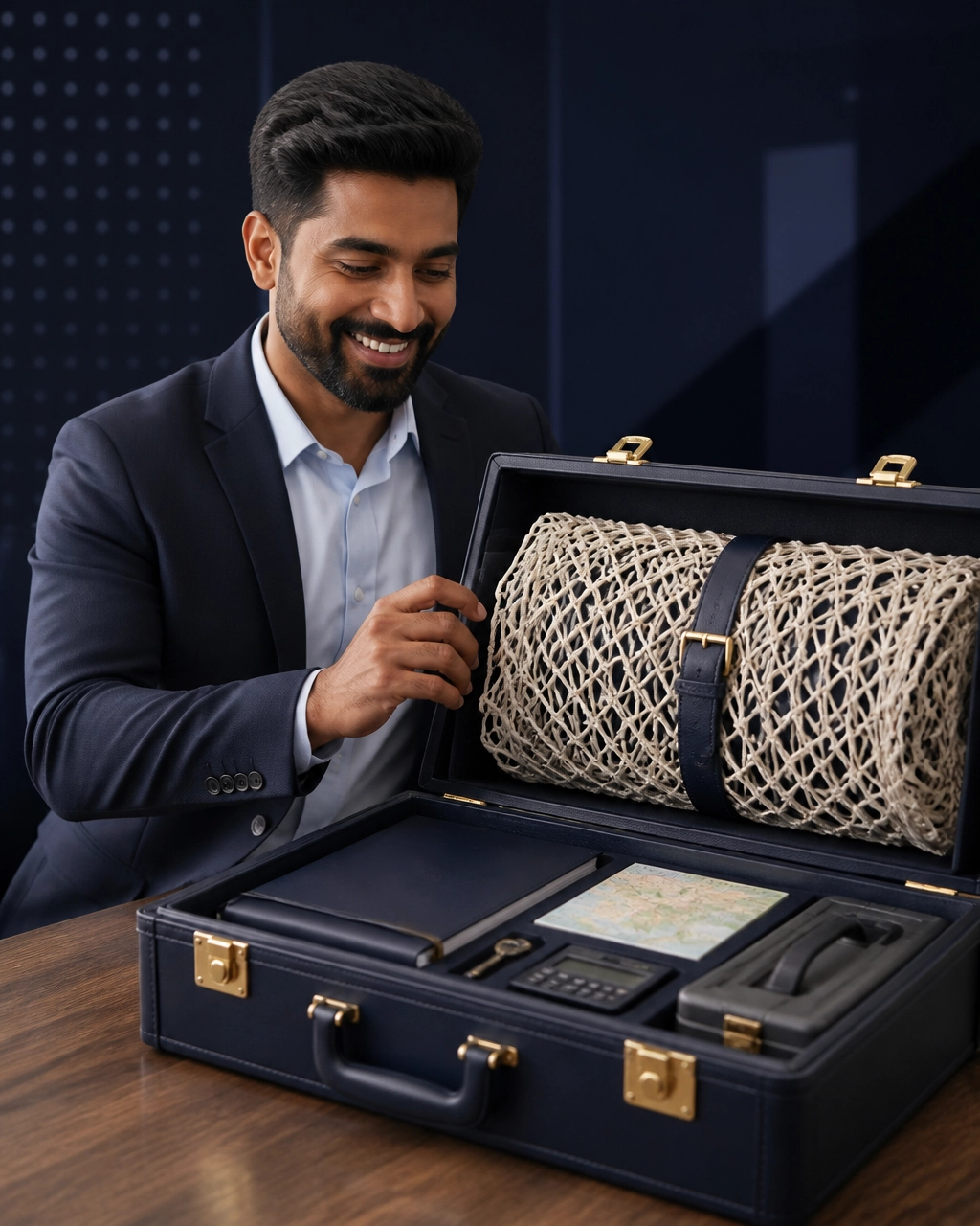 A professional entrepreneur opens a navy business toolkit containing a training binder, map, key, calculator, toolbox, and folded safety net, representing structured franchise support
