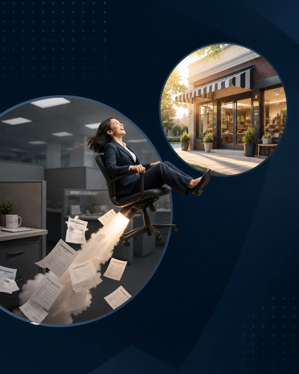 Professional woman launching an office chair like a rocket from a cubicle toward a bright storefront